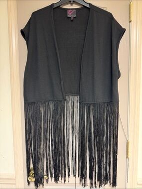 Carson Kressley Black Fringe Open Front Vest